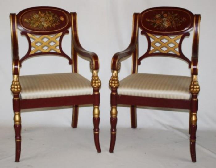 Pair of painted armchairs with gilt detail 