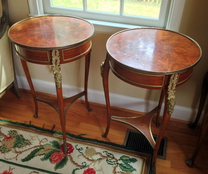 Pair of Louis XVI style drum top side tables with gilt metal mounts. 18"dia x 29"h