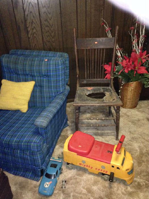 vintage toys, antique chair