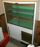 White formica hutch with glass doors