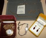 Romanza 18k gold over bronze, Waltham ladies pocket watch, vintage Bulova ladies watch, 14k garnet earrings