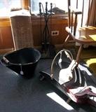 Wrought iron fireplace tool set, ash bucket, log holder and 2 bellows, plus fireplace grate (in box).