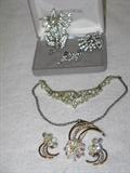 Some of costume, rhinestone jewelry. Much more, including large Schreiner of NY neck piece with detachable section usable as large brooch.