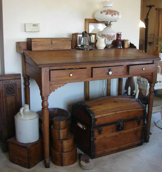 Desk, dome trunk, old boxes, grain measures, ironstone