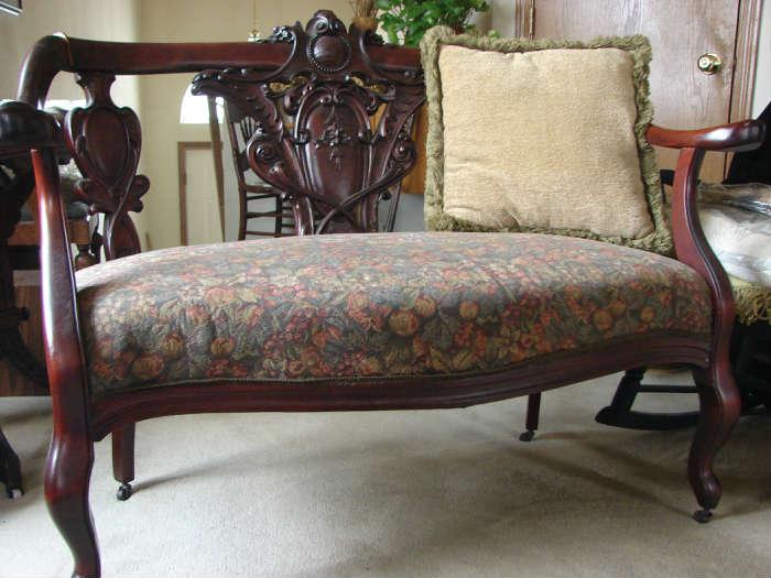 C. 1860 carved cherry settee - original springs, original horsehair discarded, replaced upholstery