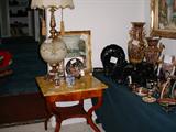 Marble top table, oriental items, lamp!