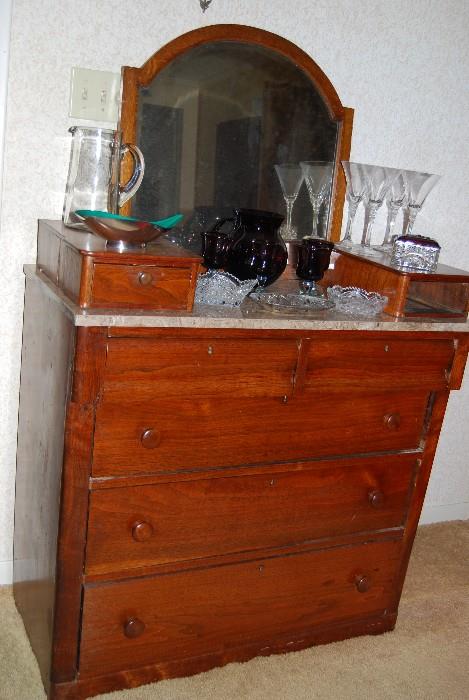 Antique marble topped walnut chest of drawer