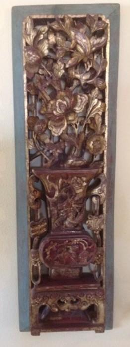 One of a pair of mid Qing Dynasty architectural panels, peony in vase