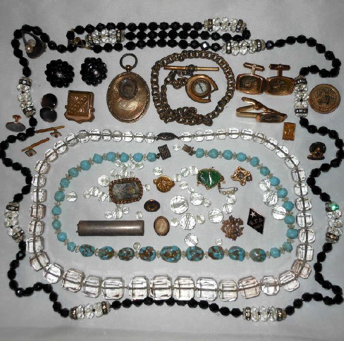 Very Interesting Antique and Vintage Jewelry, Compass on a Fob, Great Crystal Beads, Gorgeous Antique Locket and More