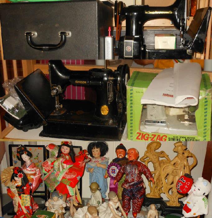 2 Featherweight Sewing Machines and a sample of the large selection of Asian Dolls and Figures