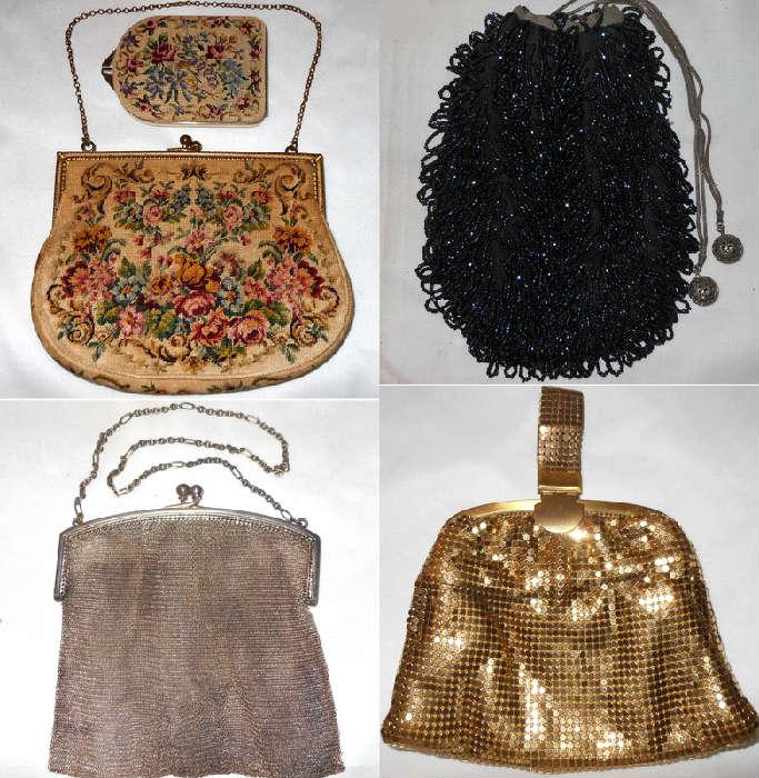 Exquisite Antique Handbags including German Silver Mesh, Petit Point with Matching Compact, Whiting and Davis and Beaded Drawstring 