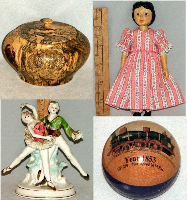 Tiny Lidded Wooden Box, Antique Doll and more