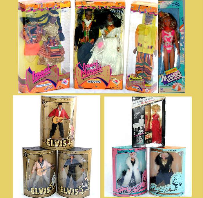 Elvis Dolls, Marilyn Monroe Dolls, Maxie Doll and Imani and Menelik; all MIB