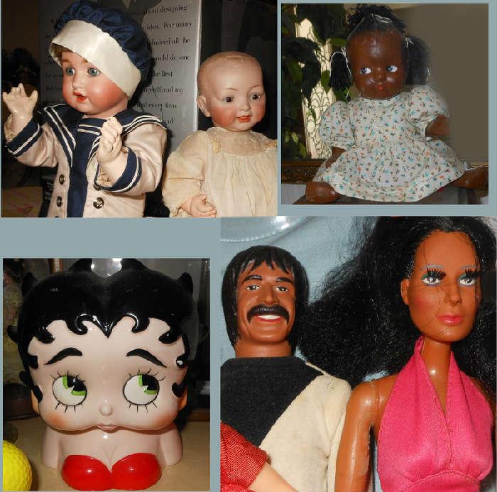 Antique Kestner Doll, the other Sonny and Cher, Betty Boop Bank