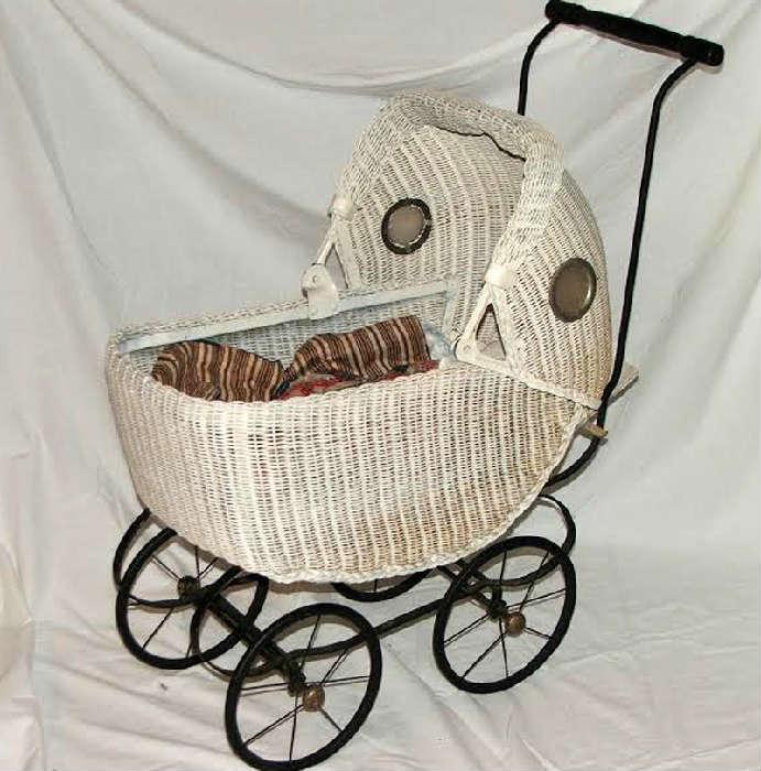 Antique Wicker Doll Pram with Port Hole Windows