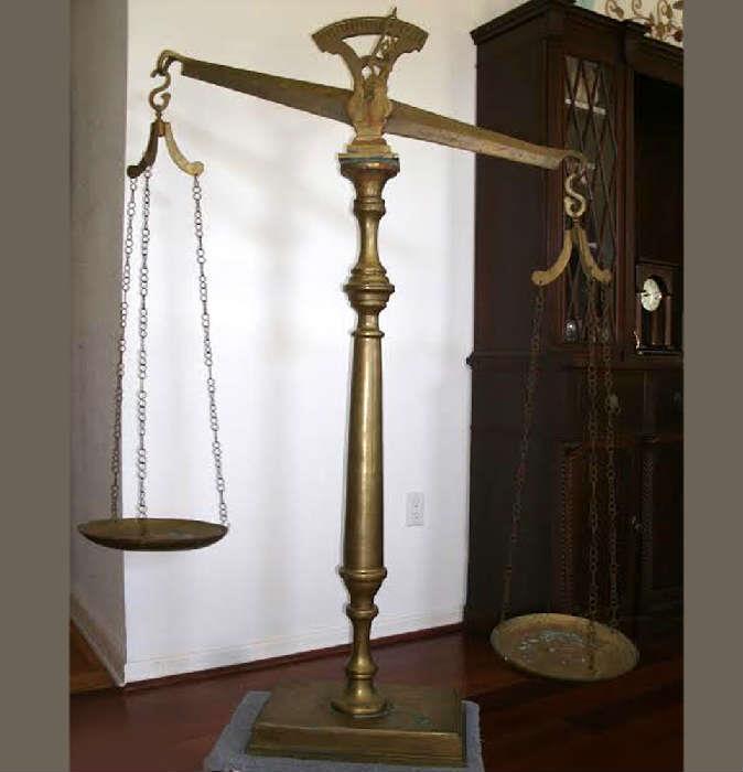 Giant Brass Scale, approximately 6ft tall