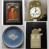 Antique French Louis Jaquine St Etienne Comtoise Clock, Clarte Russian Icon-bottom right image showing info on back, Wedgewood Tower of London Plate 