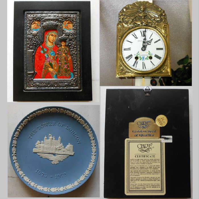 Antique French Louis Jaquine St Etienne Comtoise Clock, Clarte Russian Icon-bottom right image showing info on back, Wedgewood Tower of London Plate 