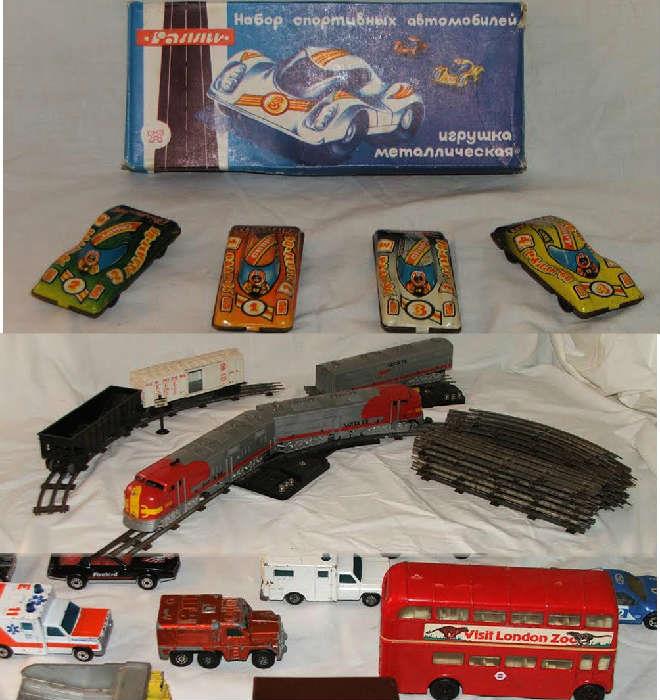 Russian Toy Cars and English Double Decker Bus and Trains