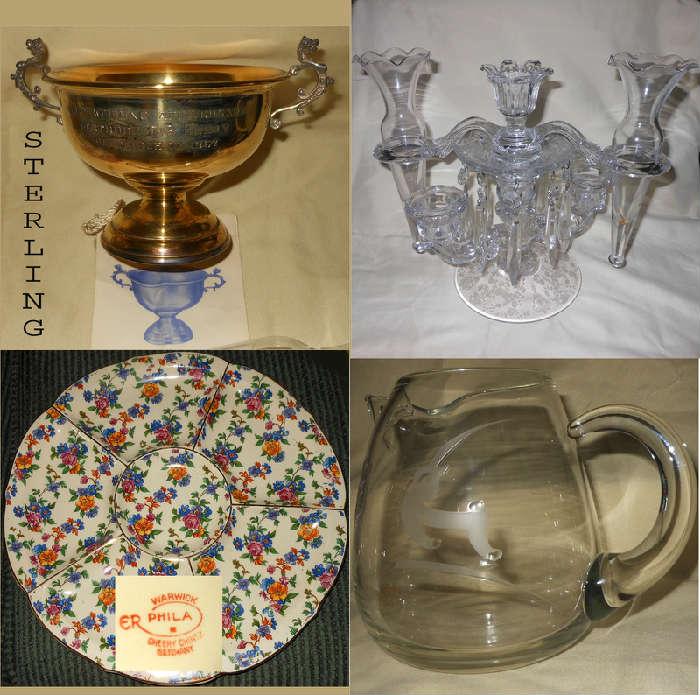 Sterling Silver Marriage Cup, Cambridge Type Glass Candle Holder, Chintz Plate and Mid Century Glass Pitcher