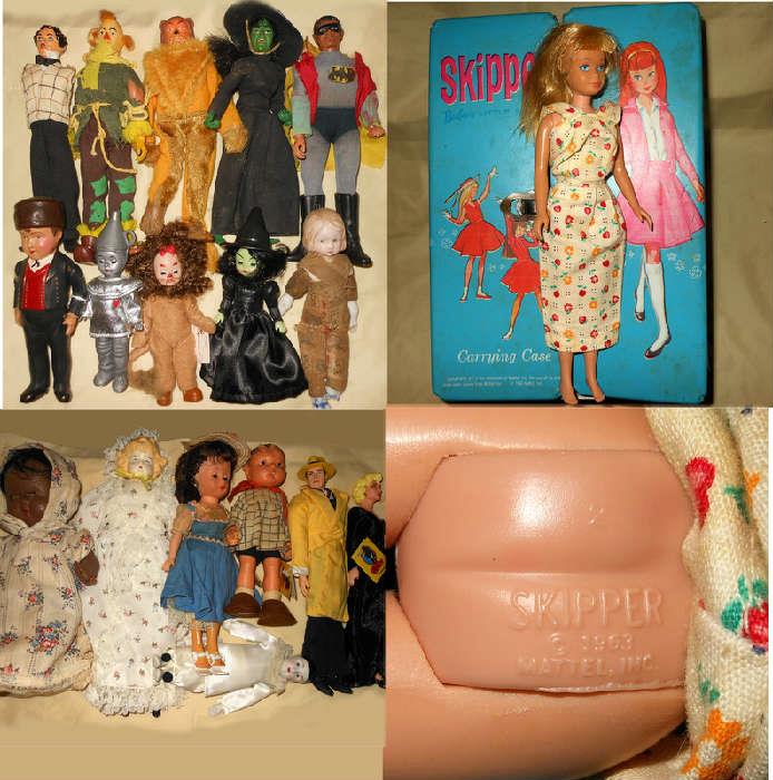 Vintage Skipper and Skipper Case along with Wizard of Oz Dolls, Dick Tracy and Superman