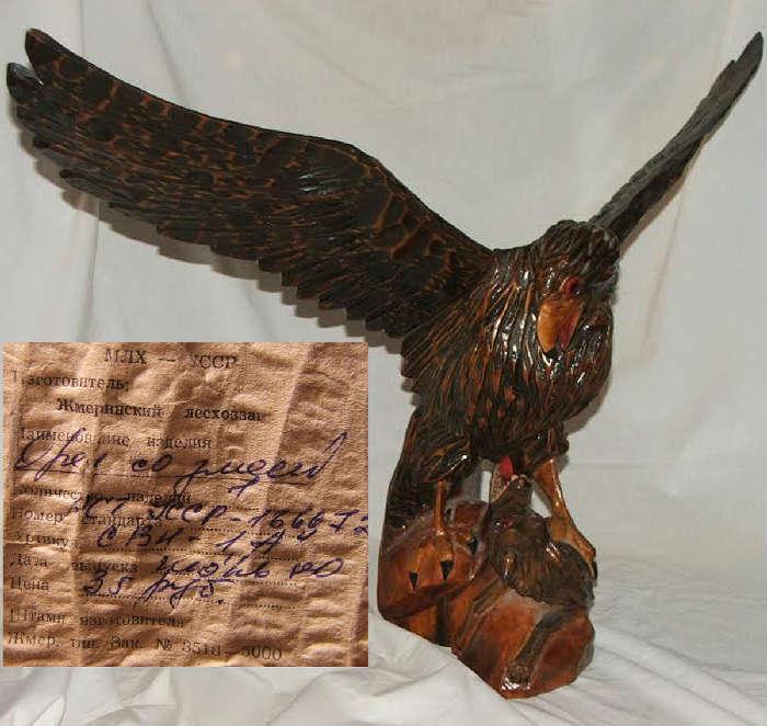 One of Two Large Carved Wooden Russian Eagles with label