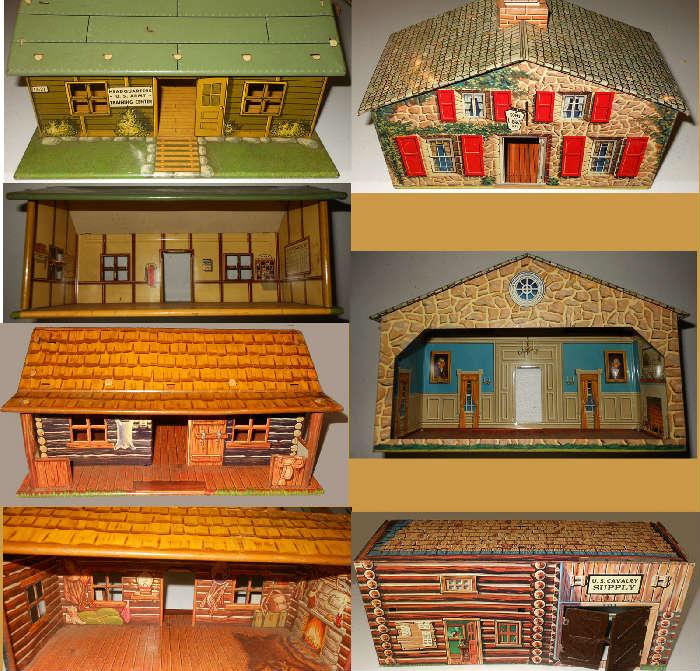 Vintage Metal Toy Houses in very nice condition-showing fronts and backs Including Headquarters US Army Training Center and Sons of Liberty House