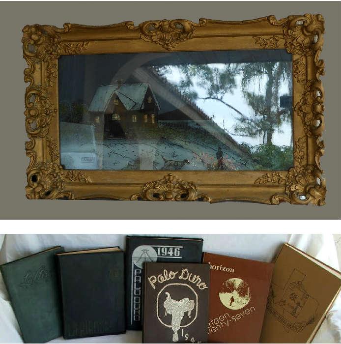 Reverse Painted Beautifully Framed Picture and Old Yearbooks