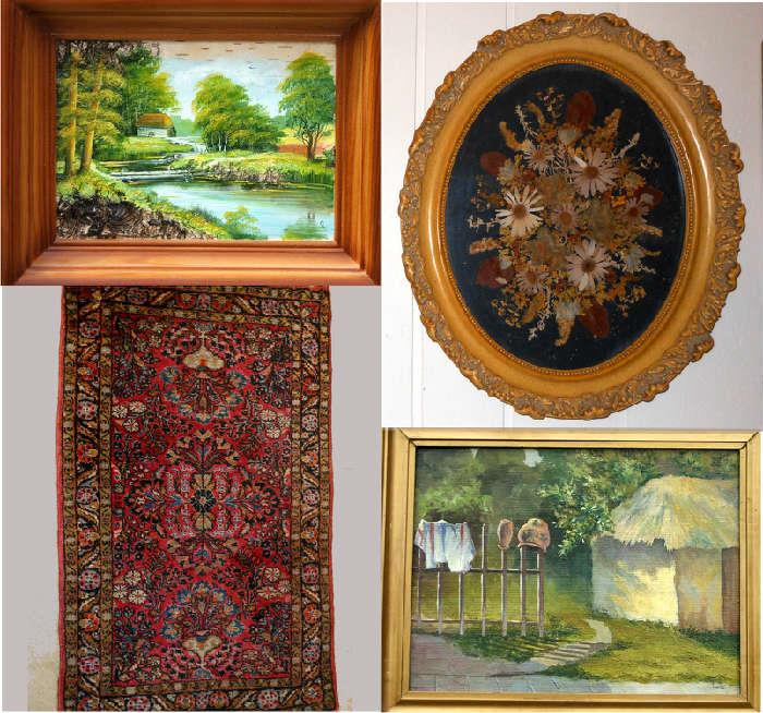 Small Russian Artwork, Pressed Flowers, Nice Old Small Rug and Signed Oil Painting