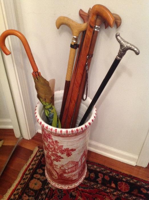 Ceramic Umbrella Stand Containing Royal Canes, Sterling , Wooden, and Leather