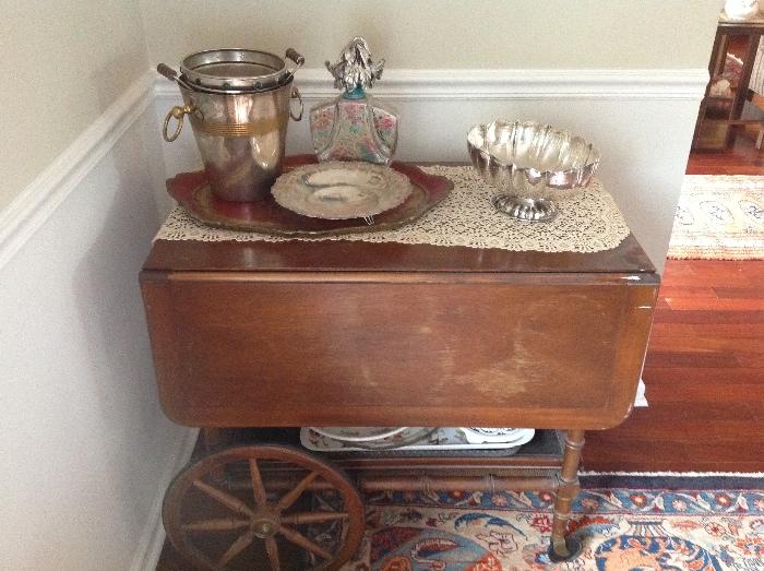 Vintage Tea Cart/ Drop Leaf Table, Silver Plate Serving Pieces, Platters