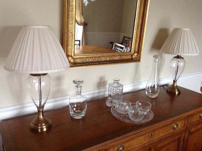 Gold Framed Mirror, Crystal, Brass/Glass Lamps