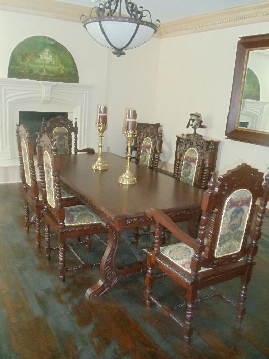 Solid Mahogany Dining Table, 4 Side and 2 Arm Chairs, Gothic Candlesticks, Lunette of Castle Cafaggiolo
