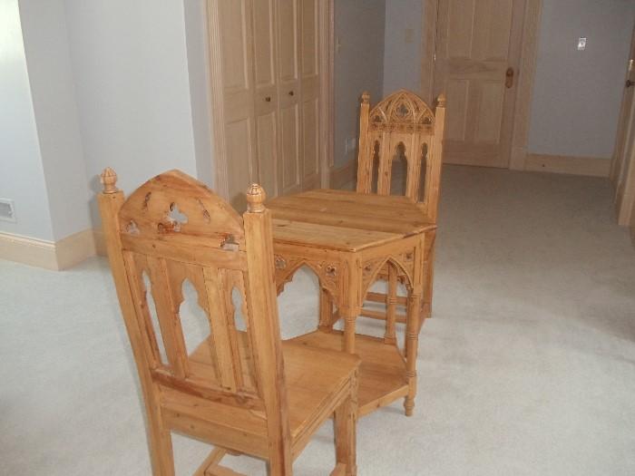 Pine Gothic Table and 2 Chairs