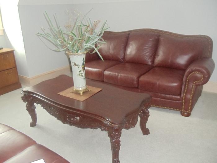 Italian Leather Sofa and Carved Coffee Table