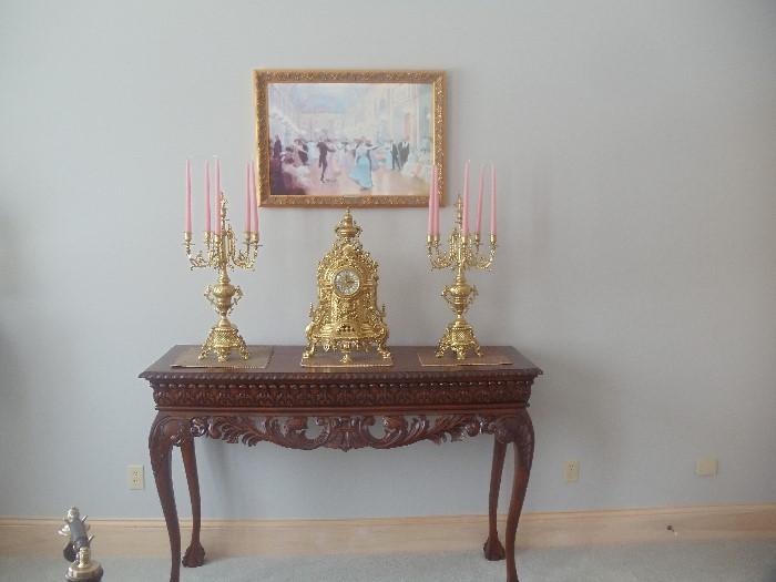 Console with Versailles Clock and Candelabra Set, "Elegant Soiree" Painting