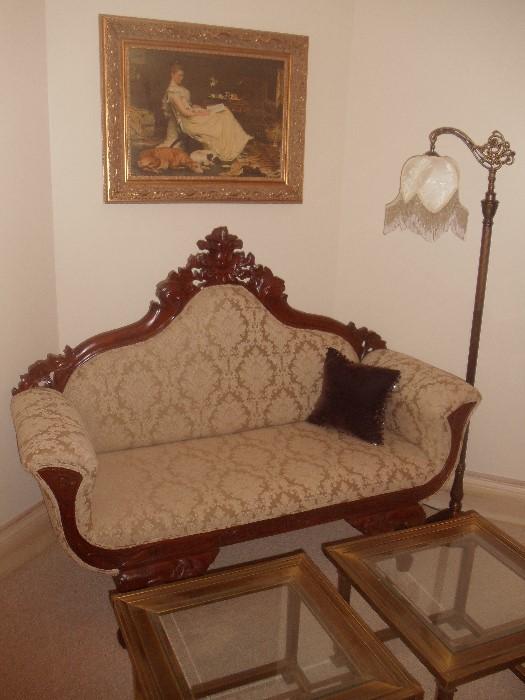 Victorian Settee, Floor Lamp, Picture, Bunching Tables