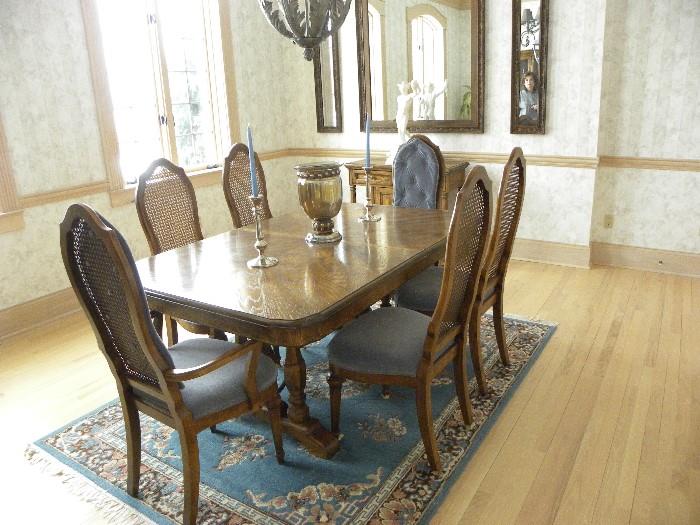 Dining Room Table, 6 Chairs, Rug, Candlesticks, Glass Jar