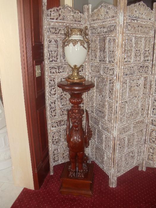 Griffin Pedestal and Ceramic Urn, 3-Panel Hand-Carved Screen
