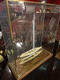 WOOD AMERICA'S CUP YACHT MODEL, IN GLASS CASE