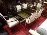 PIERRE CARDIN 1970's FLAT CHROME DINING TABLE WITH BUILT IN CENTER LEAF, WITH 6 CHAIRS