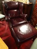 BURGUNDY LEATHER WINGBACK CHAIR WITH OTTOMAN