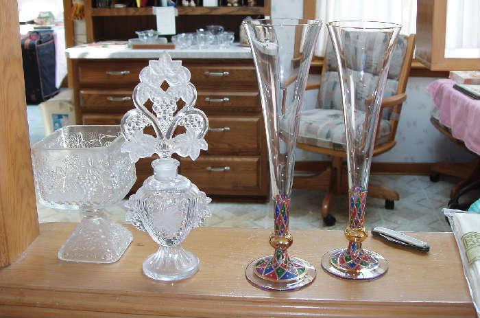 vintage perfume bottle and hand painted flutes