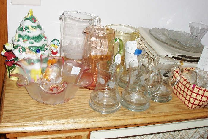 depression glass pitchers, disney christmas cookie jar, leaf pattern luncheon set 
