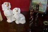 Pair of Staffordshire dogs along with a wonderful painting, and a pair of  barley twist candlesticks in oak.
