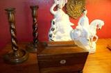 English box - one of many- along with a pair of barley twist candlesticks and Staffordshire