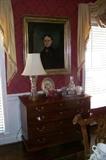 Mahogany 4 drawer chest - bracket feet - ancestor painting - cut glass lamp