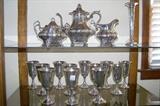 Sterling 3 piece tea service - along with a set of 12 Gorham silverplate goblets - all located in the upstairs SILVER/JEWELRY room