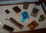 Tortoise little boxes, cases, money clip, horn  and a wonderful ink well with accompanying blotter