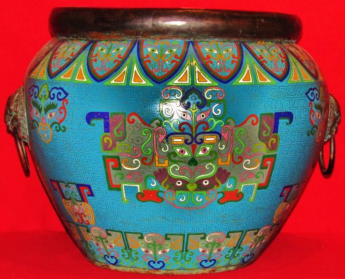 Huge Signed Antique Cloisonne Planter 18in tall 24in diameter from handle to handle 